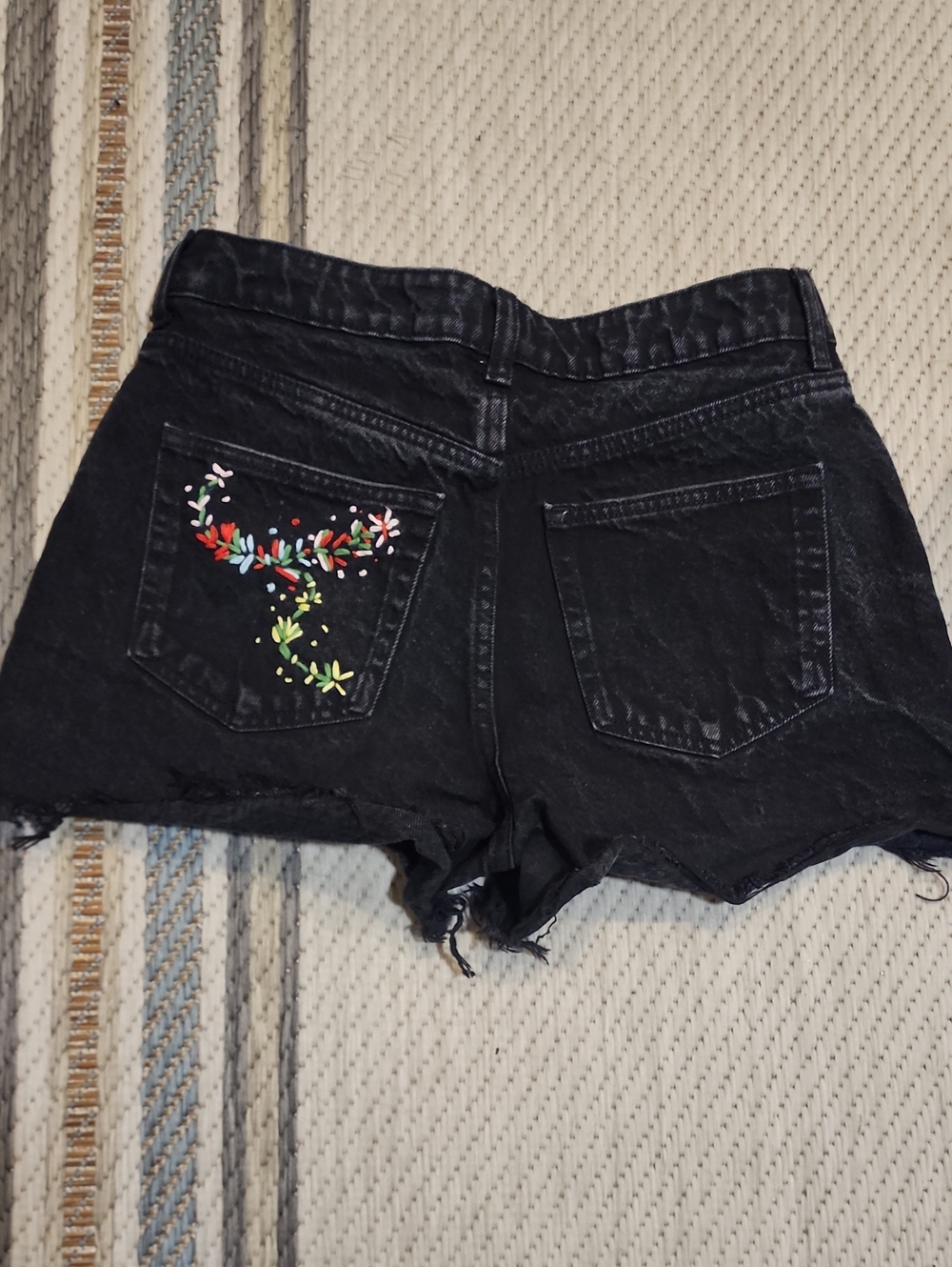 H&M Black Denim Shorts with Colorful Floral Embroidery